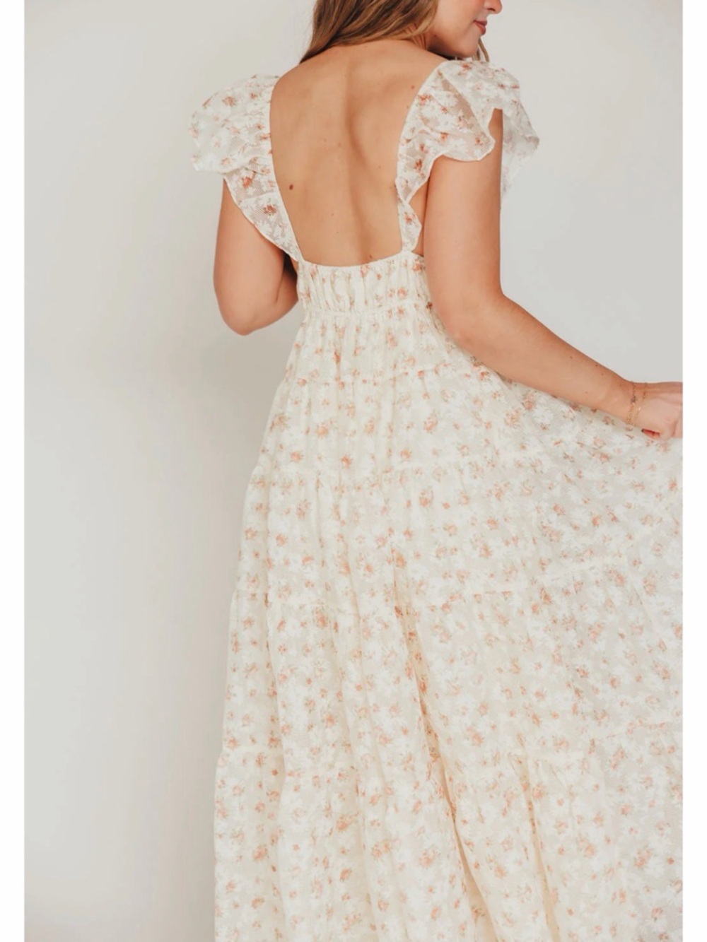 Altar'd State ENCHANTED FLORAL & GINGHAM RUFFLED MAXI DRESS IN CREAM/PEACH S-XS - Picture 7 of 16